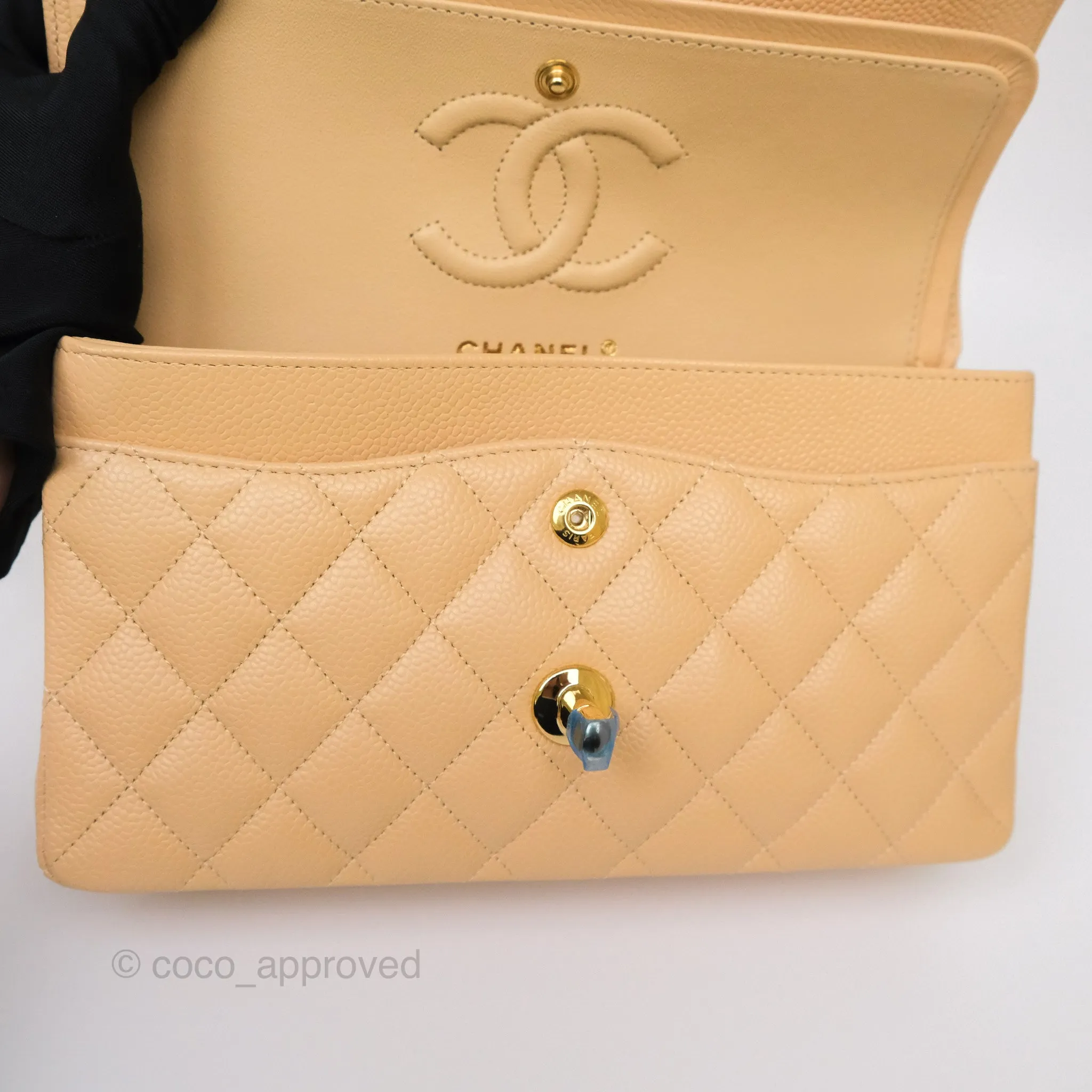 Chanel Small S/M Classic Flap Quilted Beige Caviar Gold Hardware
