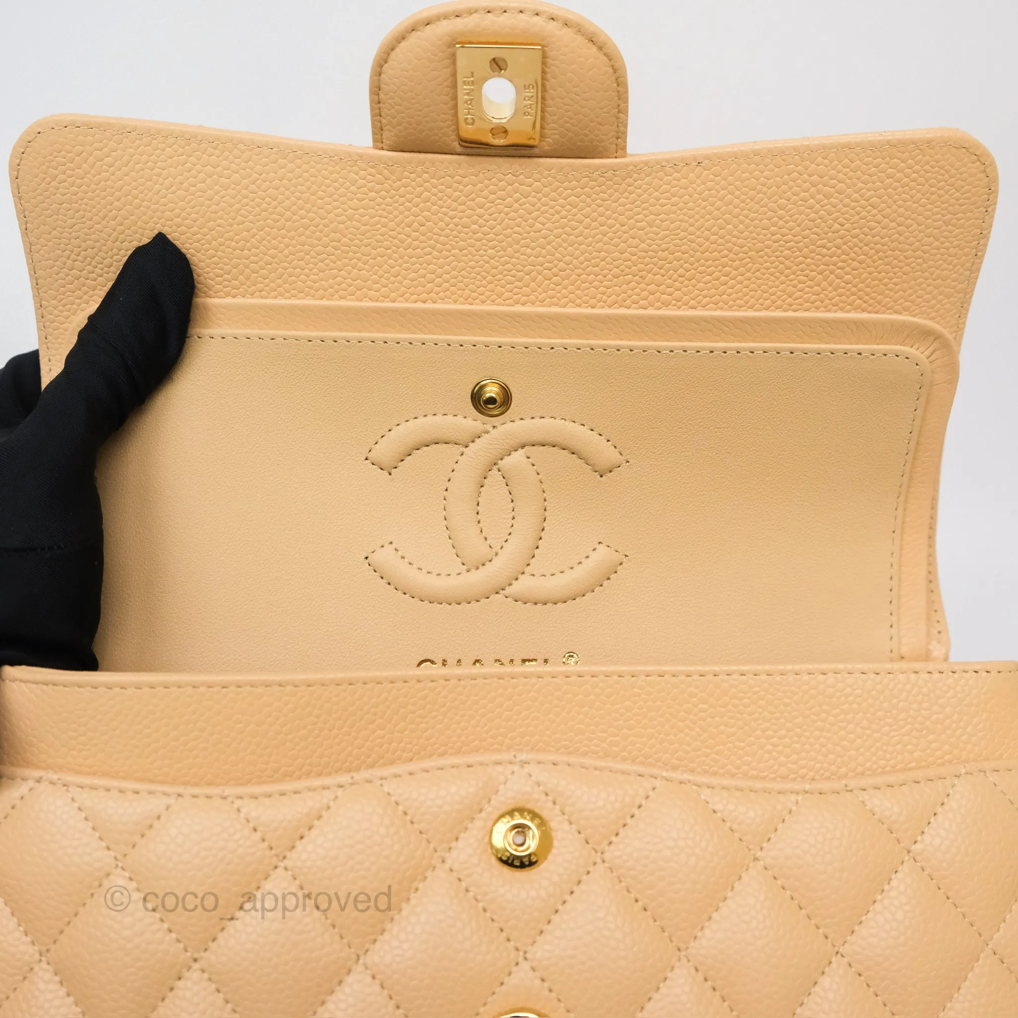 Chanel Small S/M Classic Flap Quilted Beige Caviar Gold Hardware