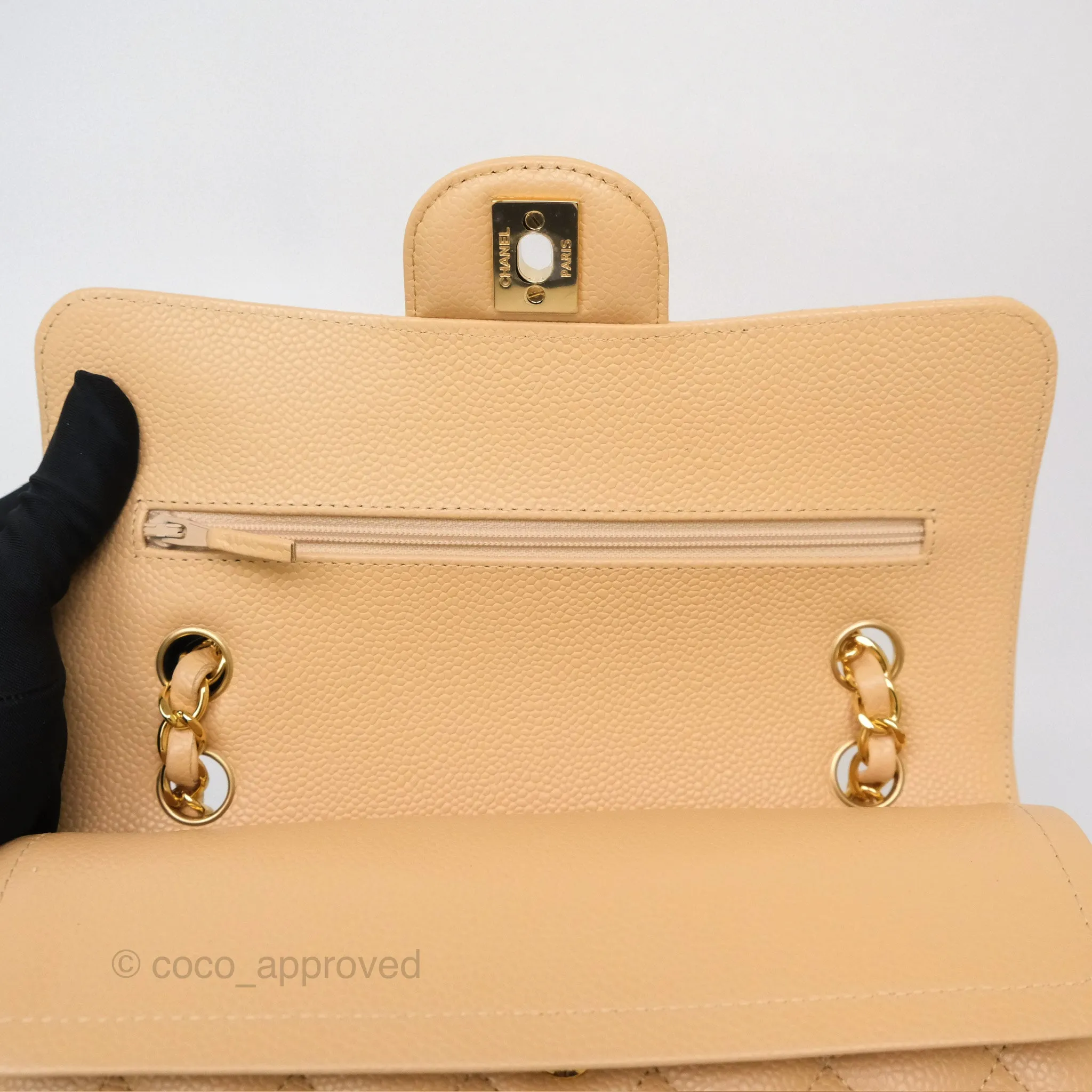 Chanel Small S/M Classic Flap Quilted Beige Caviar Gold Hardware