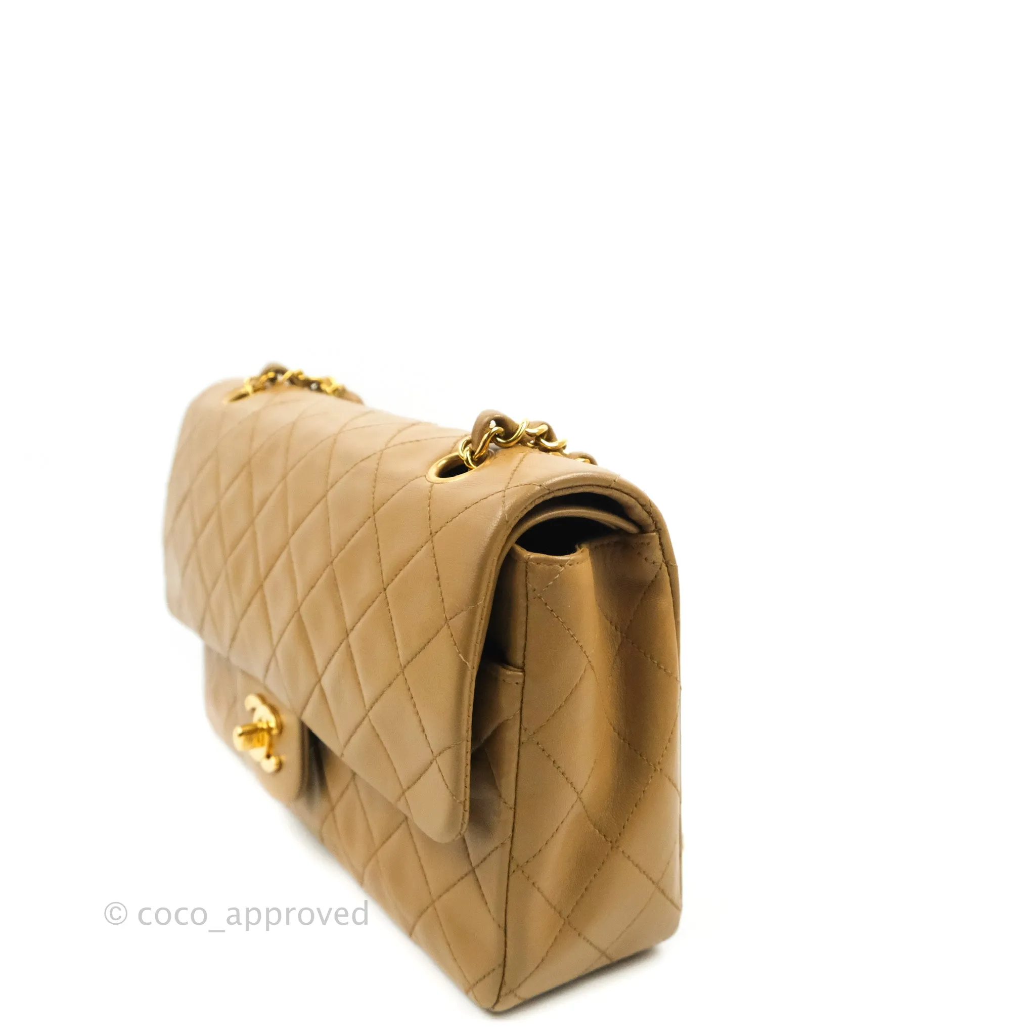 Chanel Vintage Classic M/L Medium Double Flap Bag Dark Beige Lambskin 24K Gold Hardware