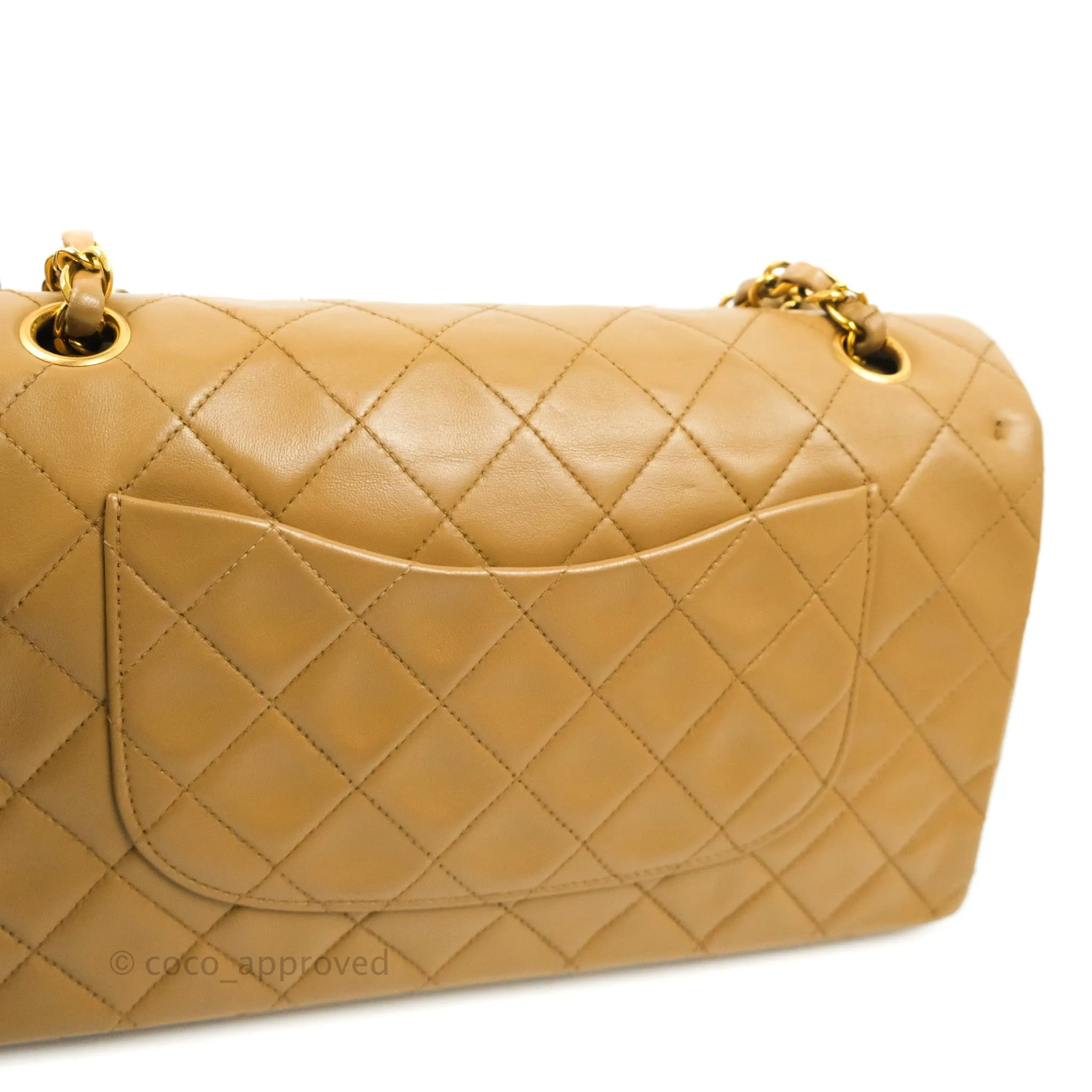 Chanel Vintage Classic M/L Medium Double Flap Bag Dark Beige Lambskin 24K Gold Hardware