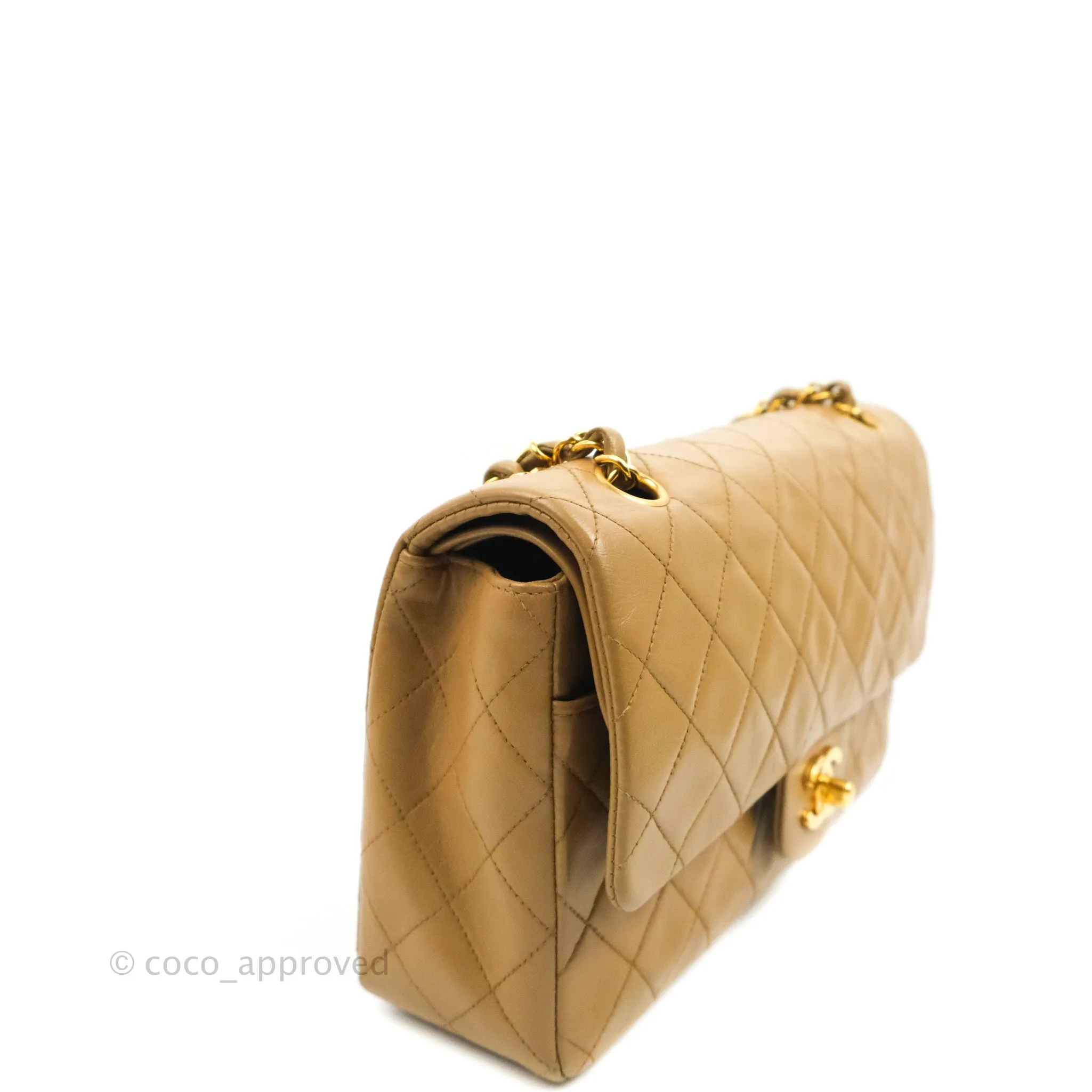 Chanel Vintage Classic M/L Medium Double Flap Bag Dark Beige Lambskin 24K Gold Hardware