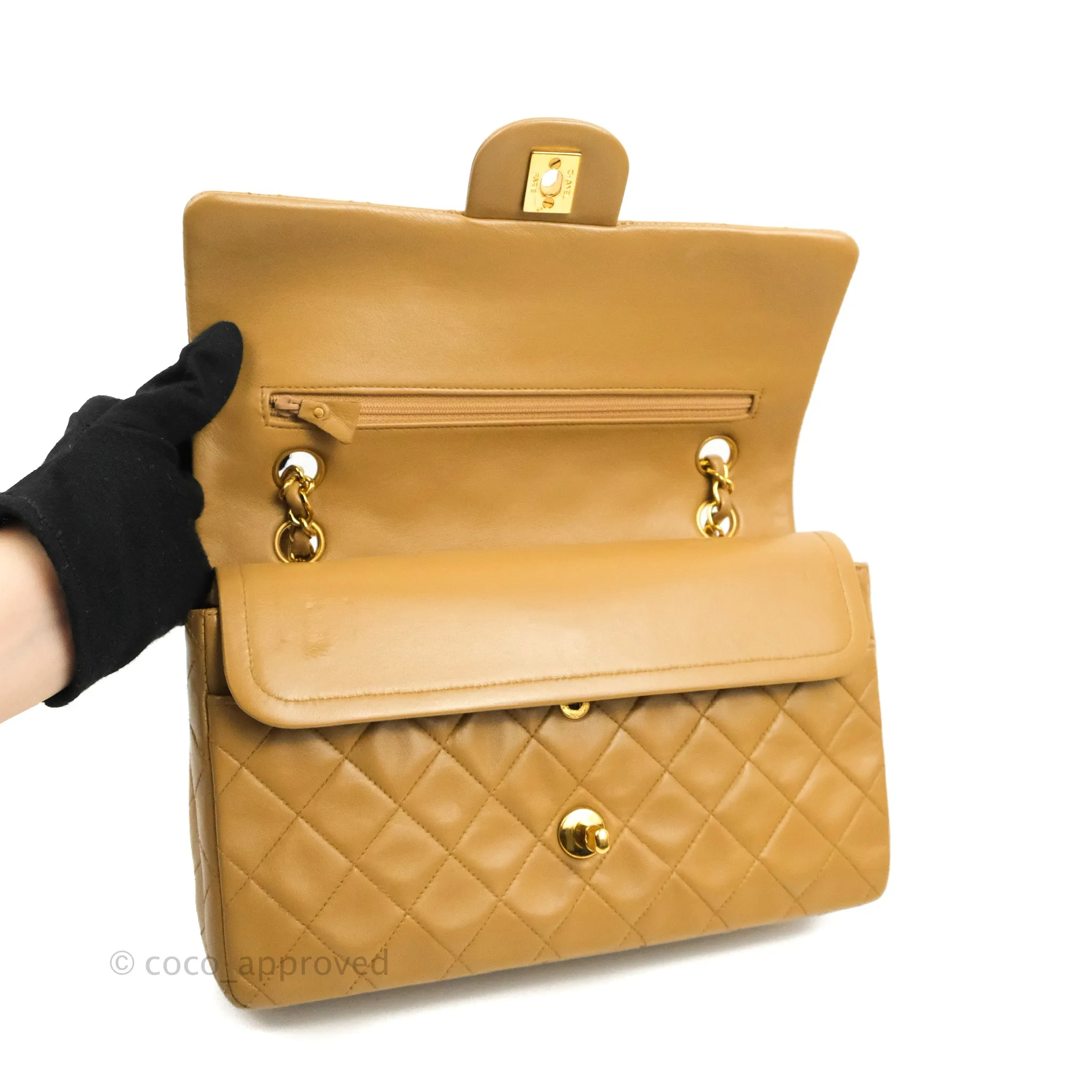Chanel Vintage Classic M/L Medium Double Flap Bag Dark Beige Lambskin 24K Gold Hardware