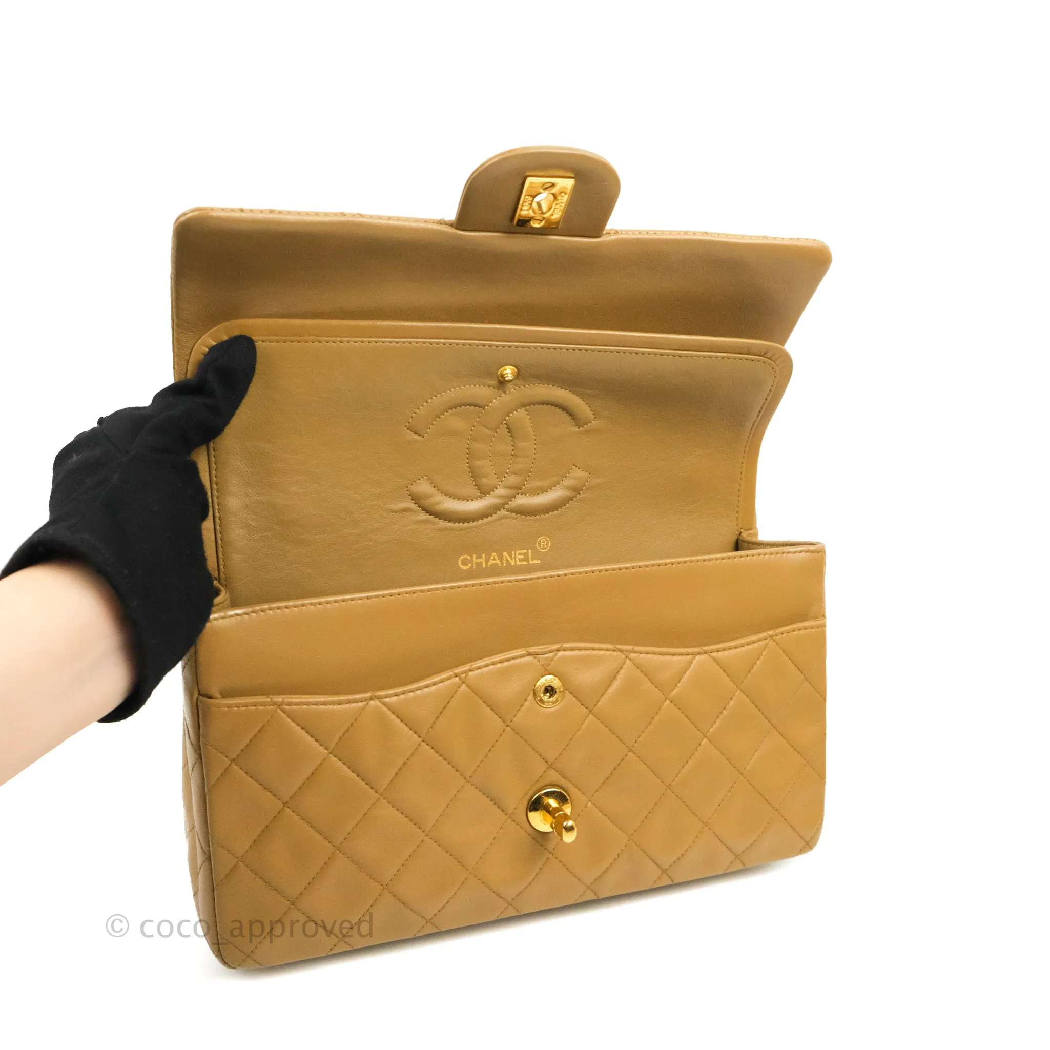 Chanel Vintage Classic M/L Medium Double Flap Bag Dark Beige Lambskin 24K Gold Hardware