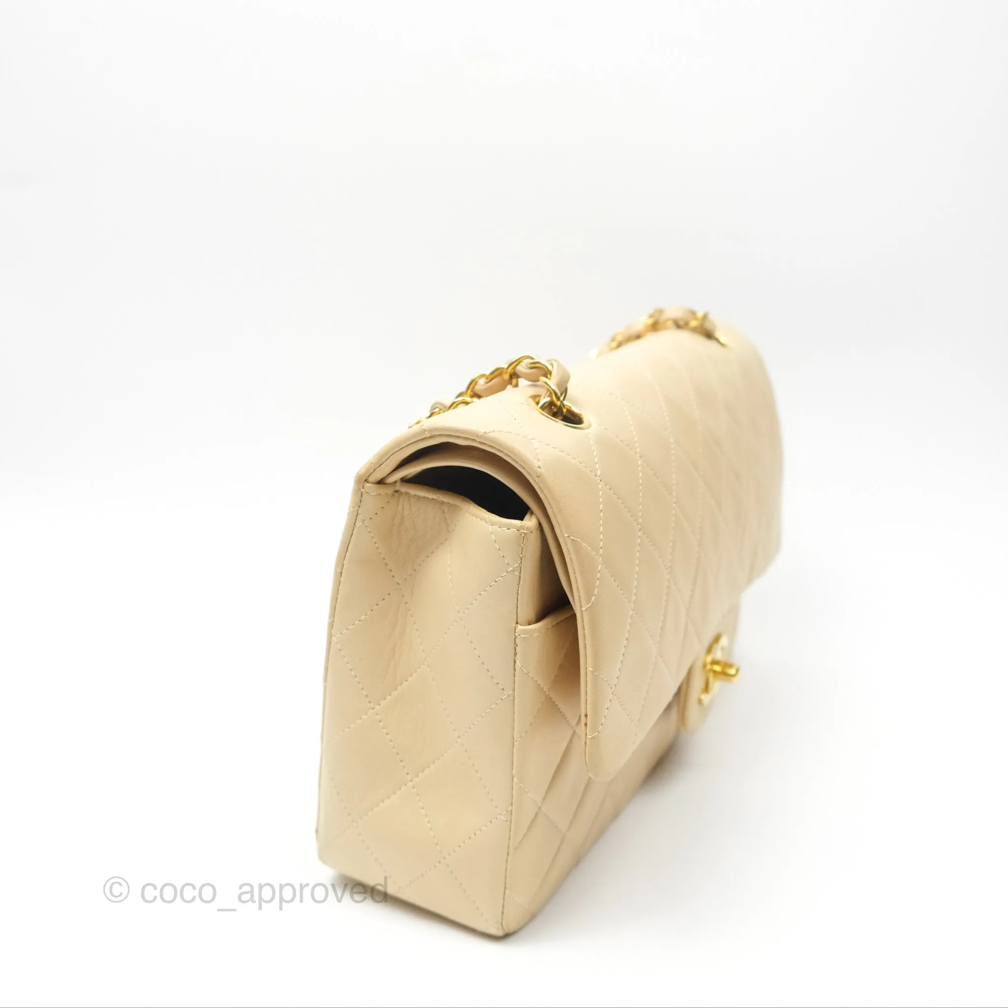 Chanel Vintage Medium Classic Flap Beige Lambskin 24K Gold Hardware
