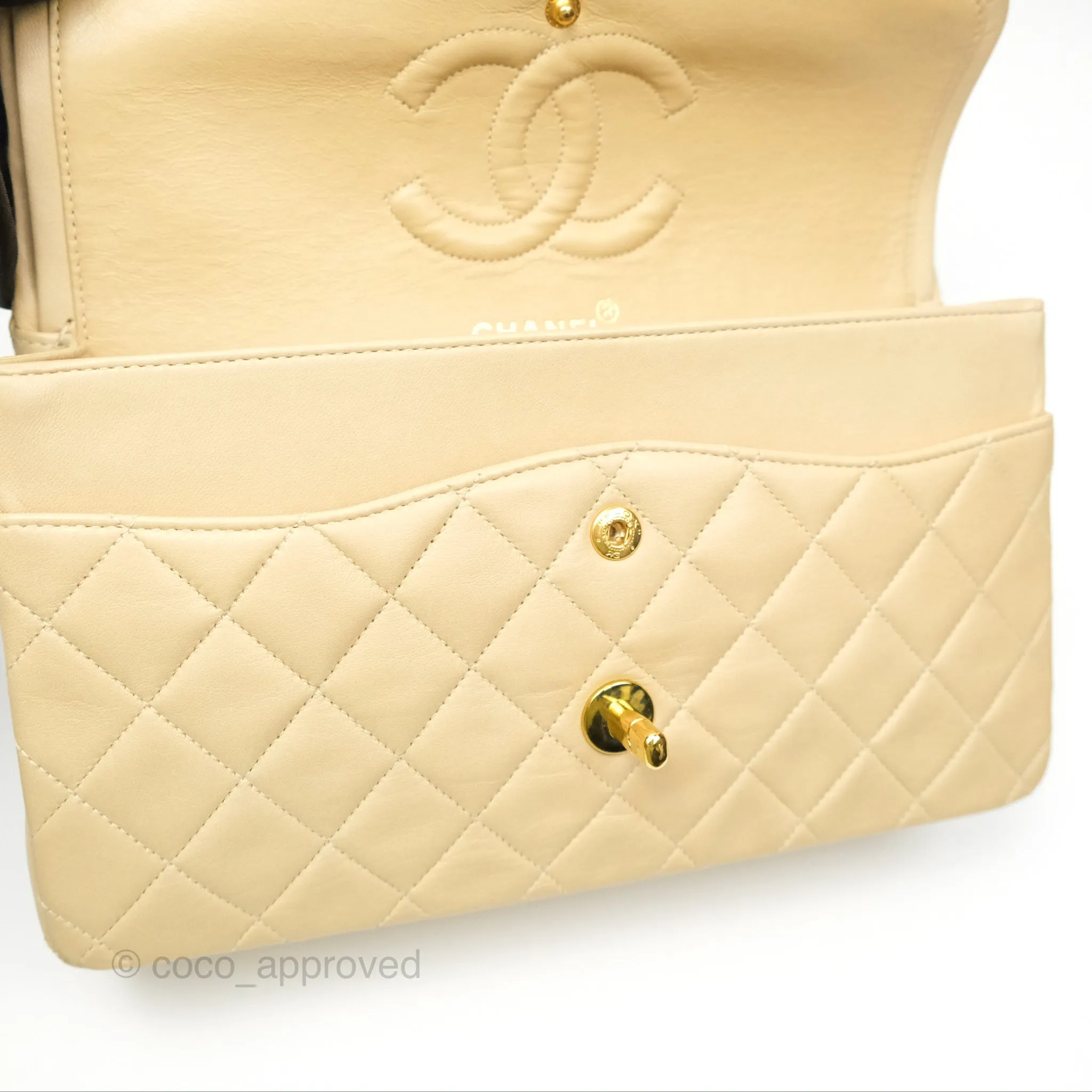 Chanel Vintage Medium Classic Flap Beige Lambskin 24K Gold Hardware