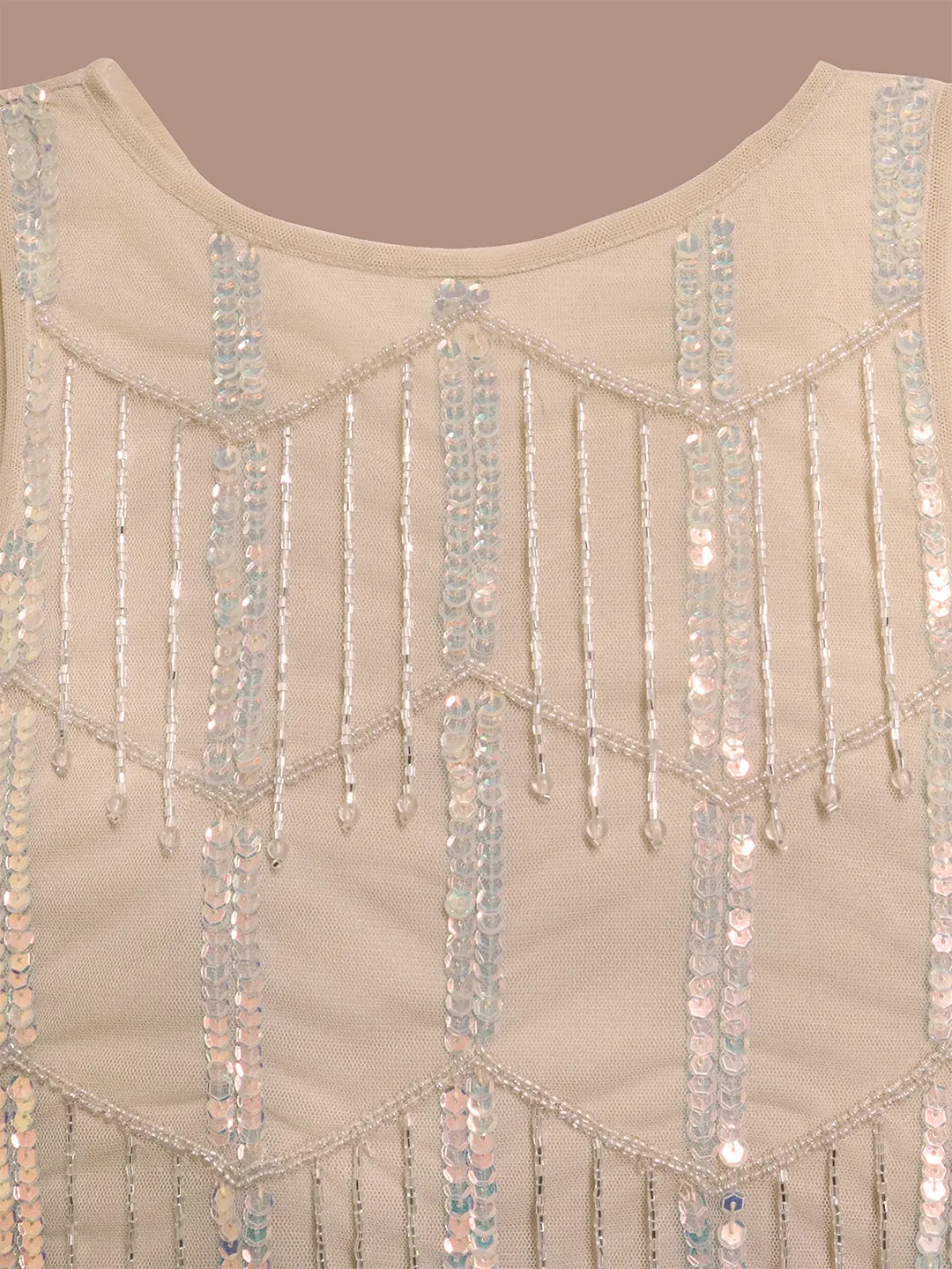 Cherry Crumble Cream Geometrical Pattern 100% Polyester Sleeveless Round Neck Party Wear A Line Sequin and Beads Summer Dress For Girls