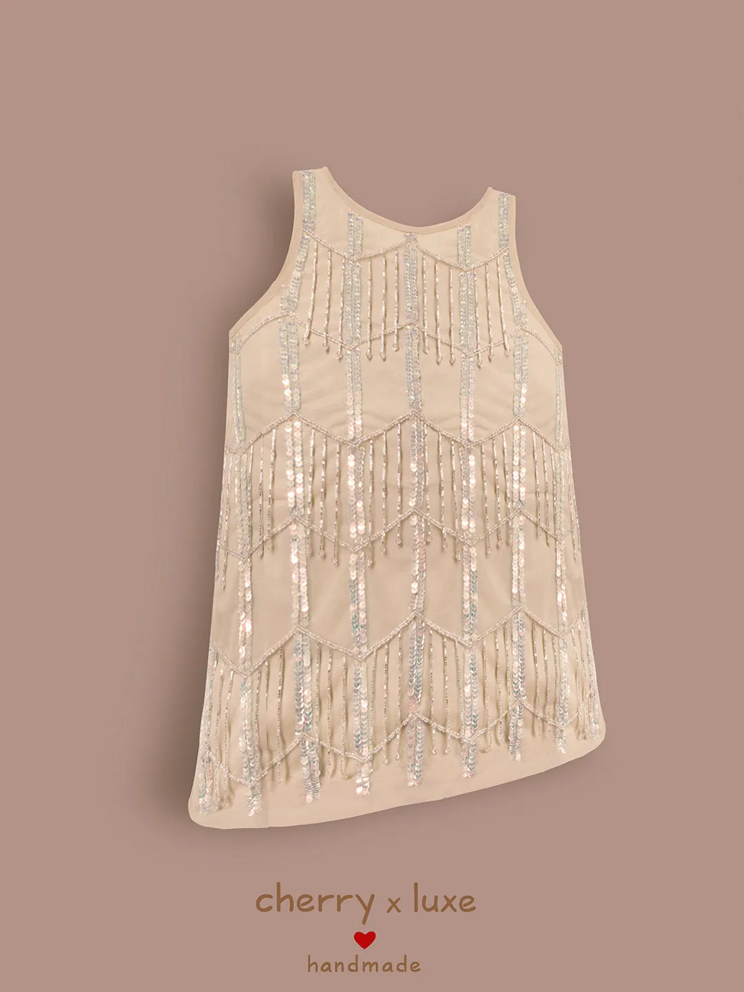 Cherry Crumble Cream Geometrical Pattern 100% Polyester Sleeveless Round Neck Party Wear A Line Sequin and Beads Summer Dress For Girls