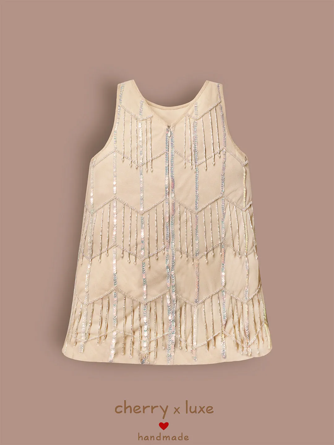 Cherry Crumble Cream Geometrical Pattern 100% Polyester Sleeveless Round Neck Party Wear A Line Sequin and Beads Summer Dress For Girls
