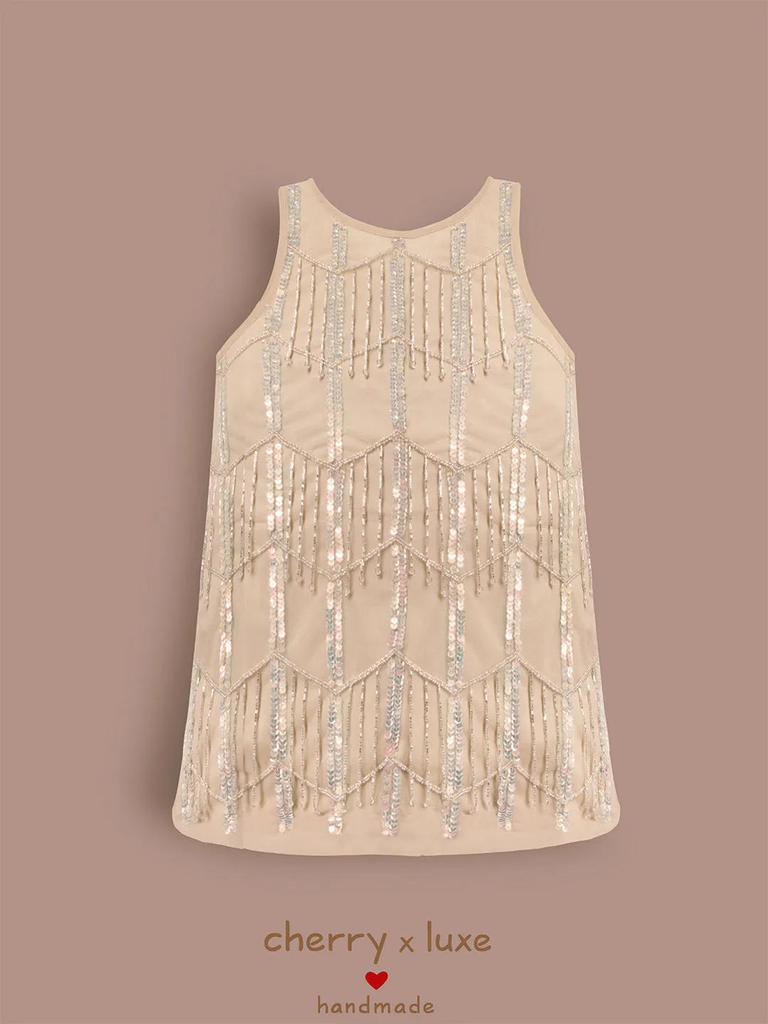 Cherry Crumble Cream Geometrical Pattern 100% Polyester Sleeveless Round Neck Party Wear A Line Sequin and Beads Summer Dress For Girls