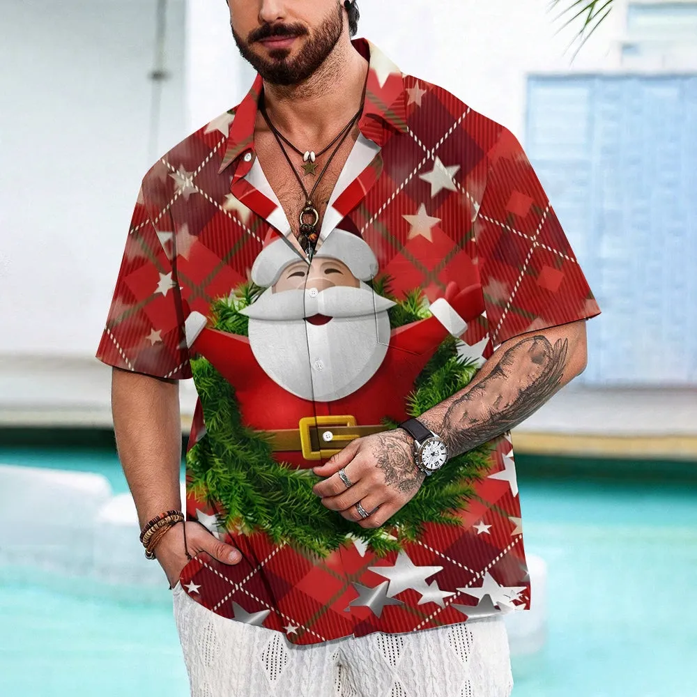 Christmas Themed Casual Chest Pocket Short Sleeve Shirt 2309000281