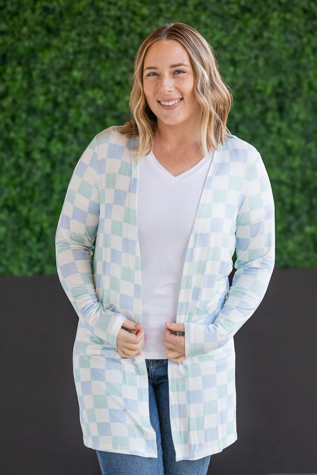 Classic Cardigan - Blue and Mint Checker