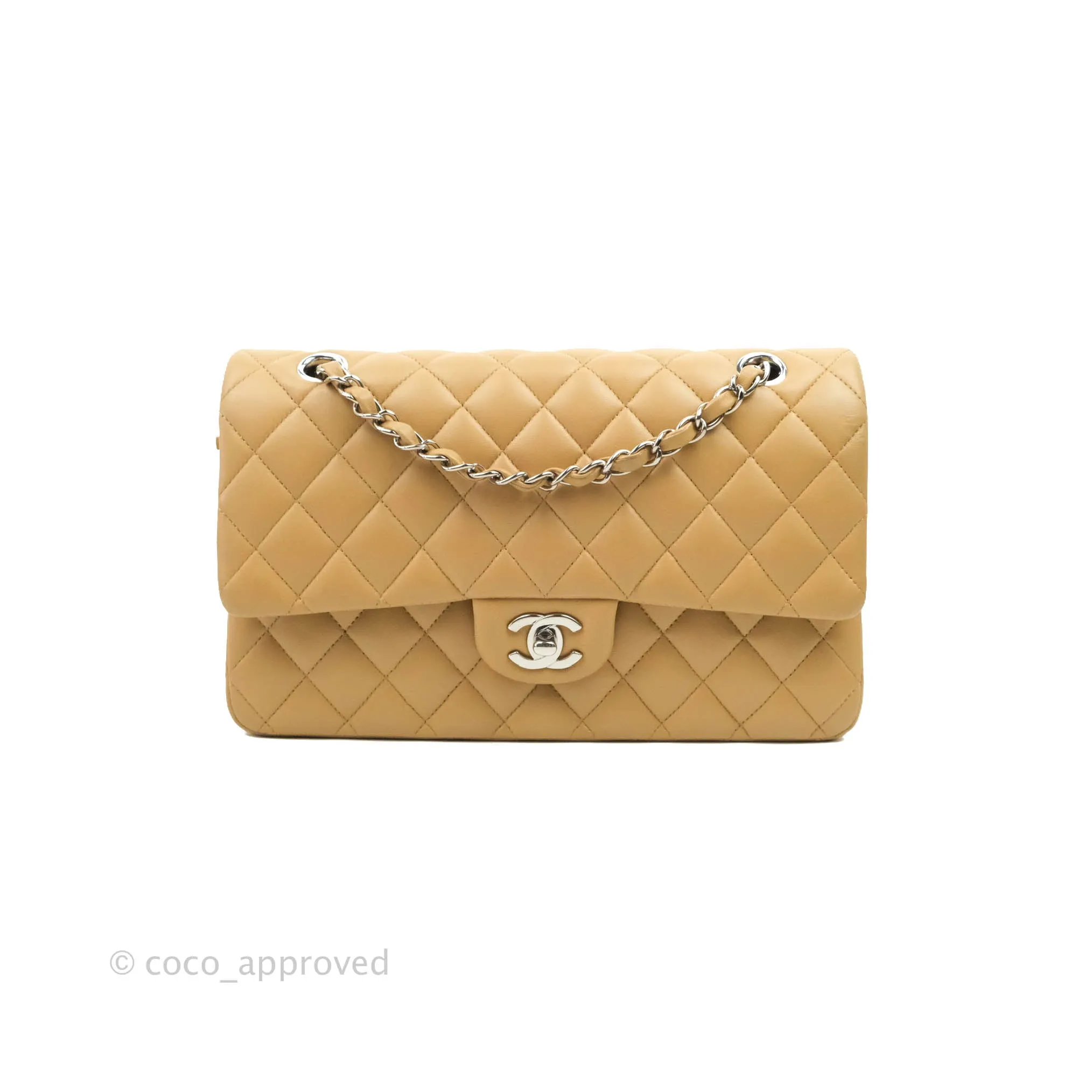 Classic M/L Medium Flap Quilted Dark Beige Lambskin Silver Hardware