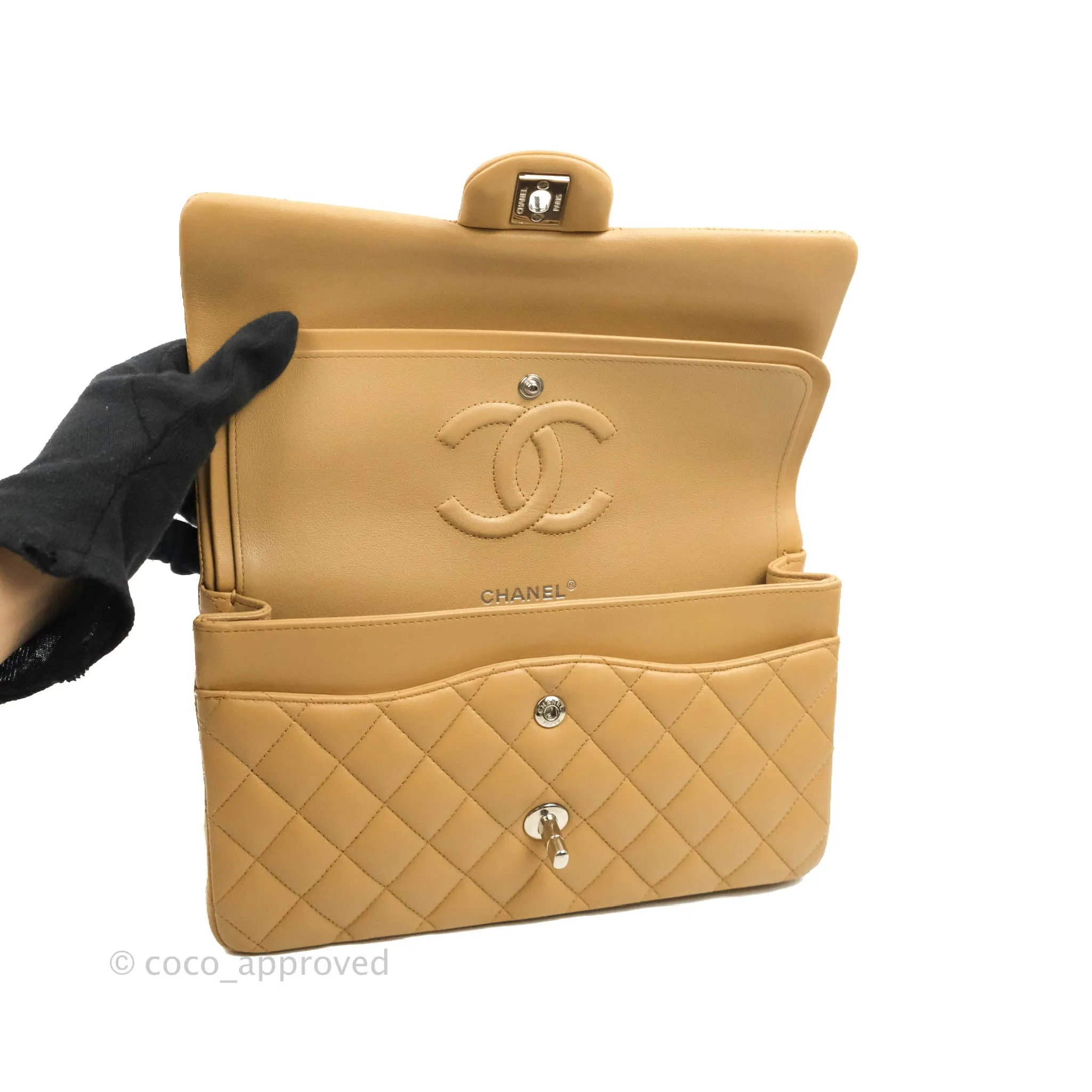 Classic M/L Medium Flap Quilted Dark Beige Lambskin Silver Hardware