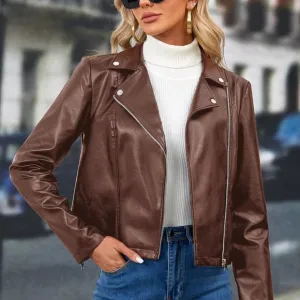 Clearance!! Brand New Zip Up PU Leather Moto Jacket Coffee Brown