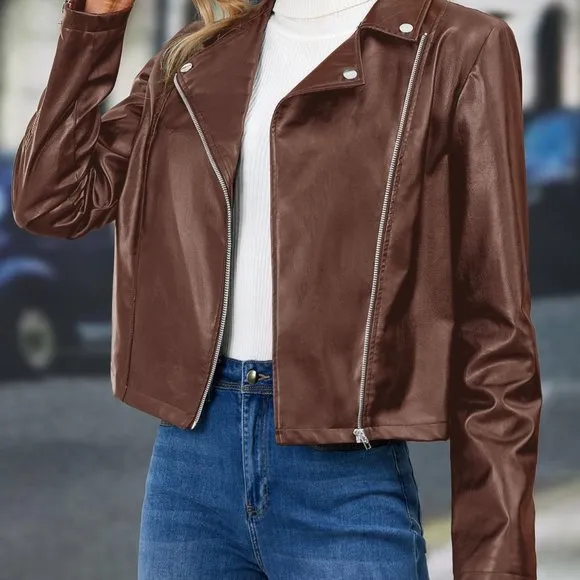 Clearance!! Brand New Zip Up PU Leather Moto Jacket Coffee Brown