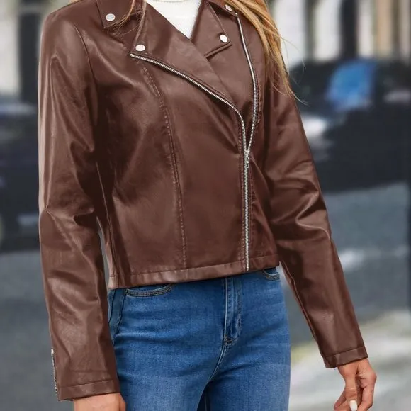 Clearance!! Brand New Zip Up PU Leather Moto Jacket Coffee Brown