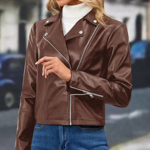 Clearance!! Brand New Zip Up PU Leather Moto Jacket Coffee Brown