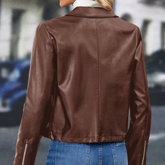 Clearance!! Brand New Zip Up PU Leather Moto Jacket Coffee Brown