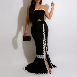 Colorblock Off Shoulder Cut Out High Slit Floor Length Dress