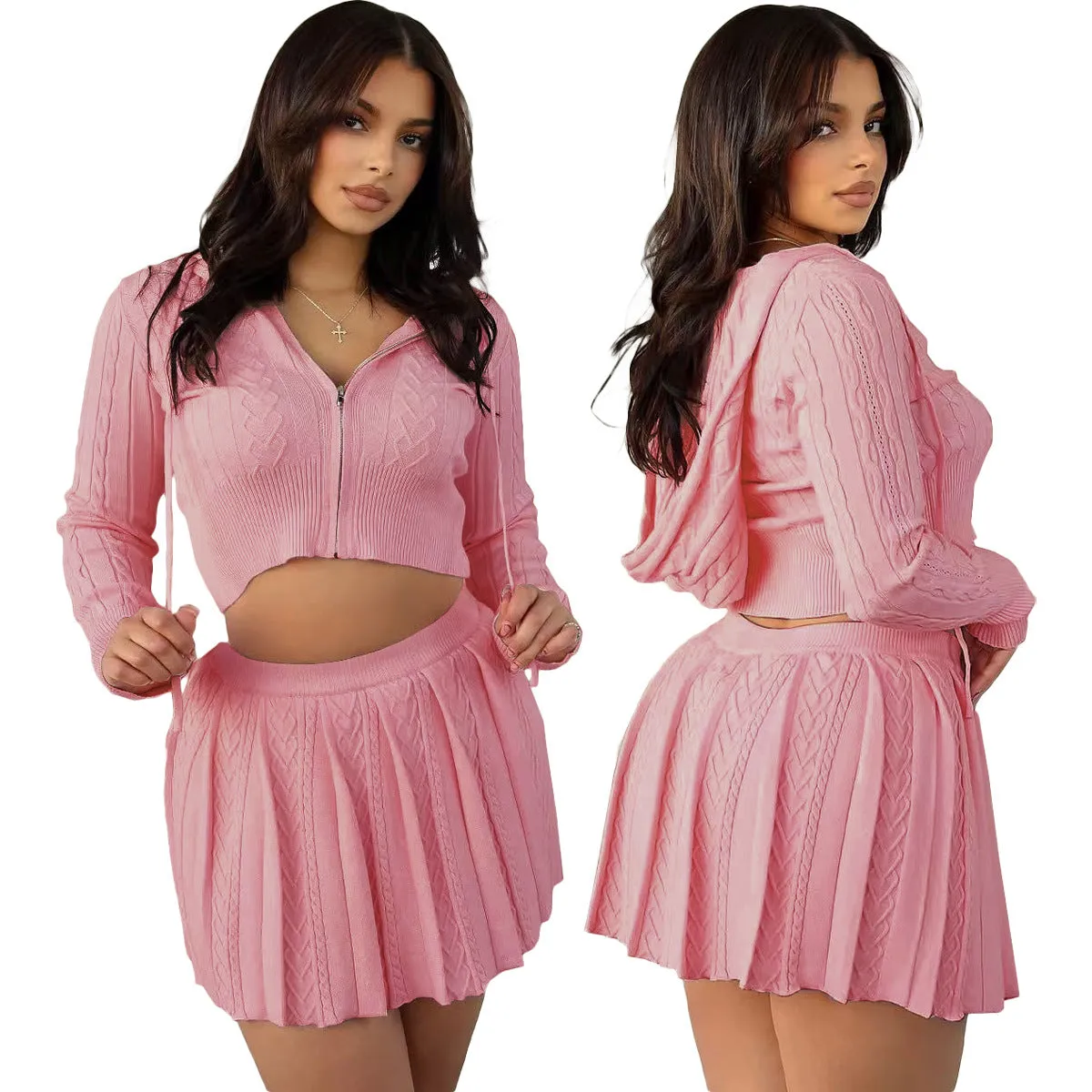 Cozy Knit Cropped Hoodie and Pleated Skirt Two-Piece Set