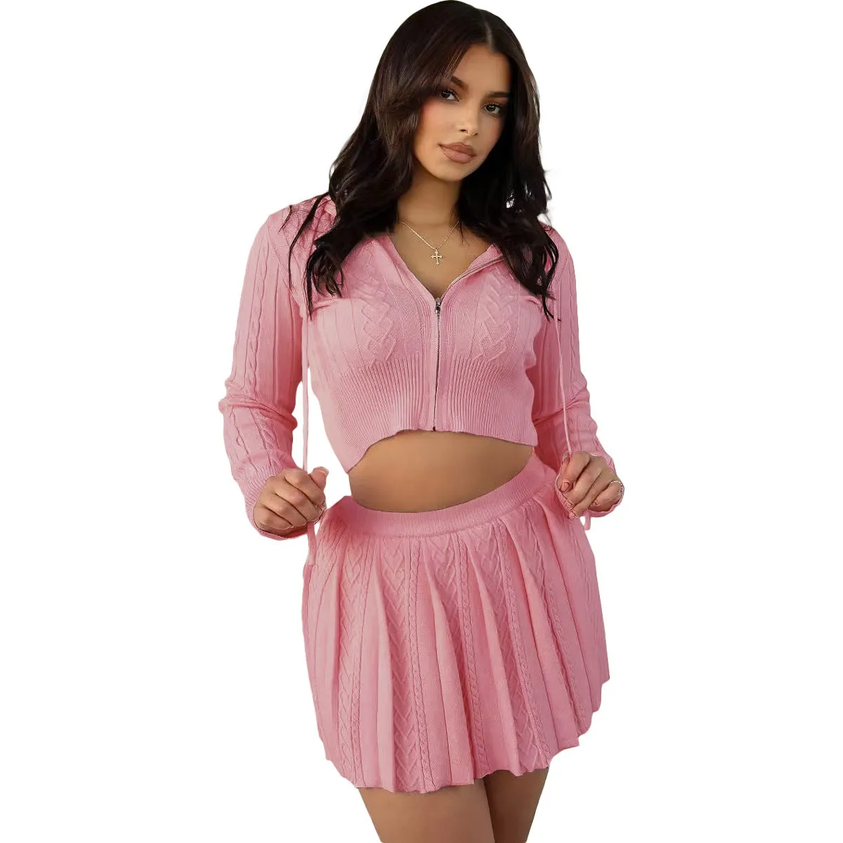 Cozy Knit Cropped Hoodie and Pleated Skirt Two-Piece Set