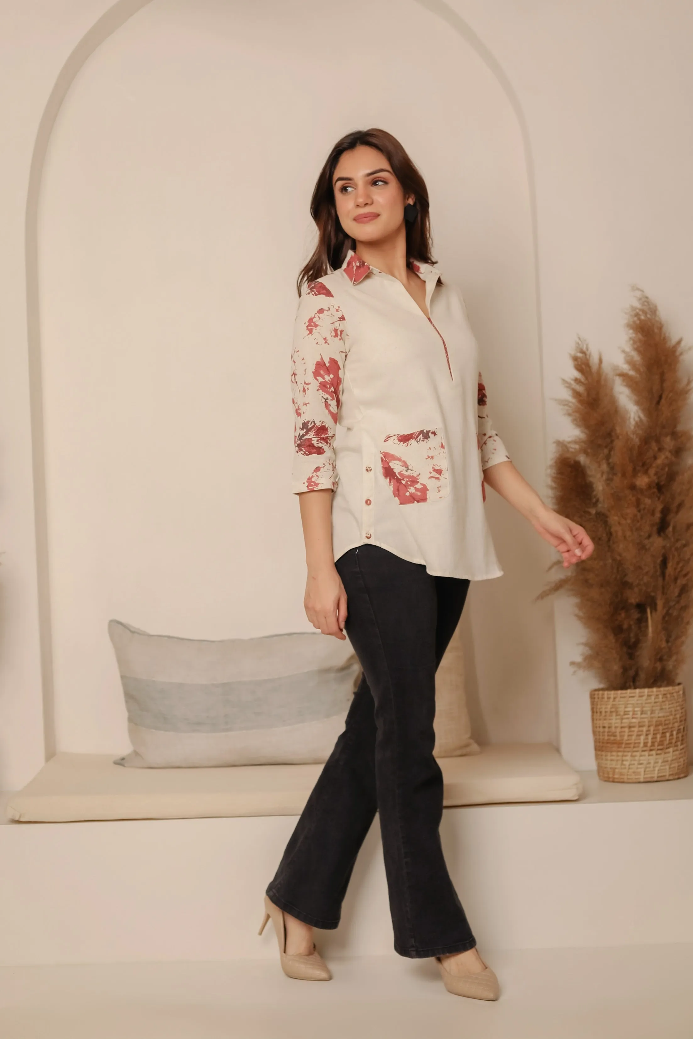 Cream With Pink Cotton Flex Printed Ready To Wear Top