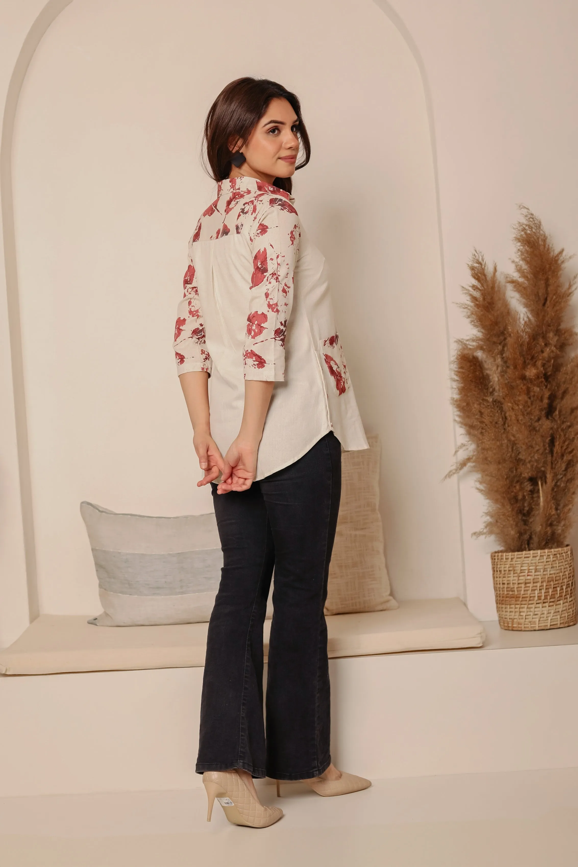 Cream With Pink Cotton Flex Printed Ready To Wear Top