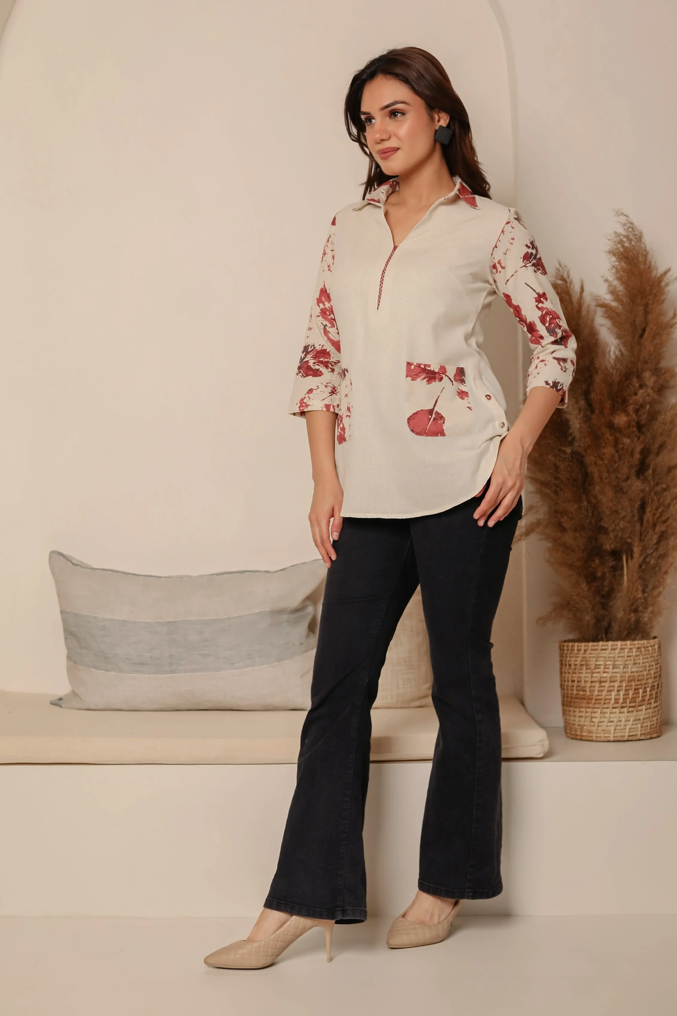 Cream With Pink Cotton Flex Printed Ready To Wear Top
