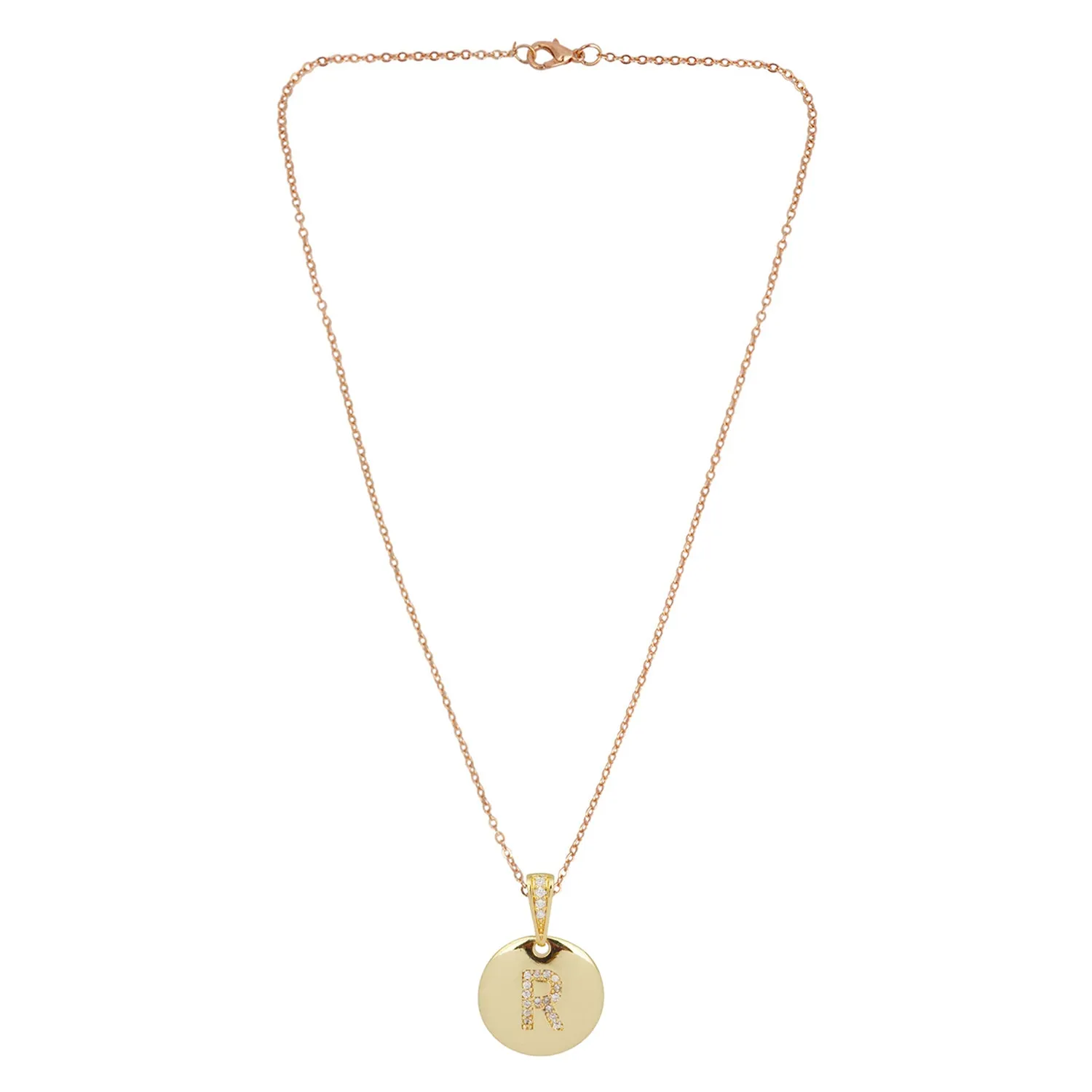 Crystal Studded Alphabet R Gold Coin Necklace
