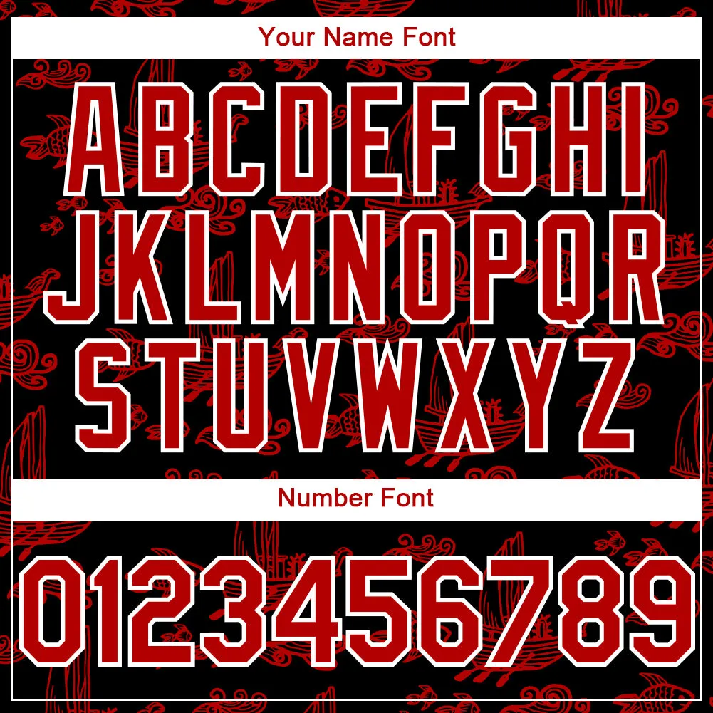 Custom Black Red-White 3D Pattern Design Boats And Fish Authentic Baseball Jersey