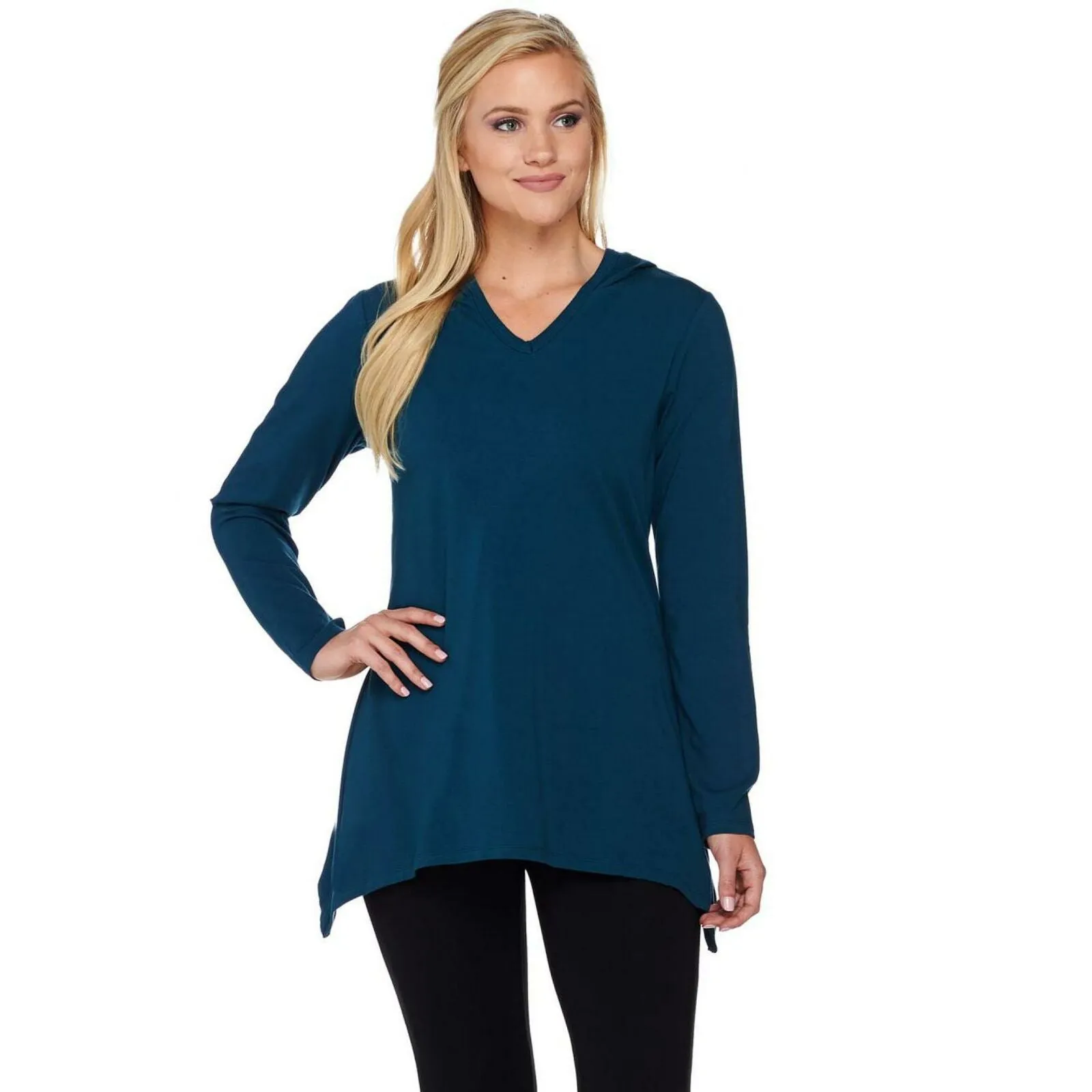 Denim & Co. Women's Long Sleeve Trapeze Hem Knit Top Fall Teal Medium