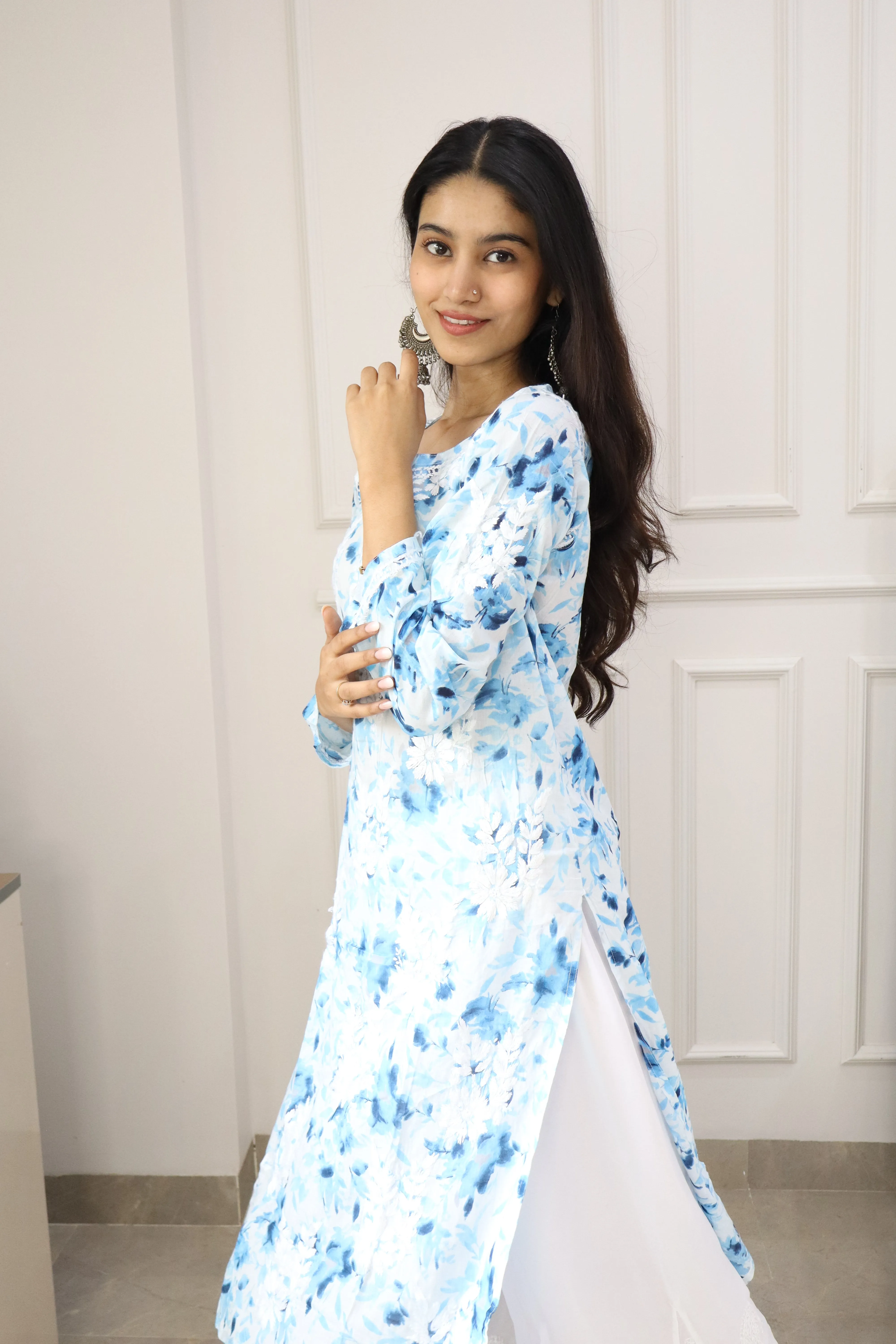 Dream Blue Mul mul cotton chikankari kurti