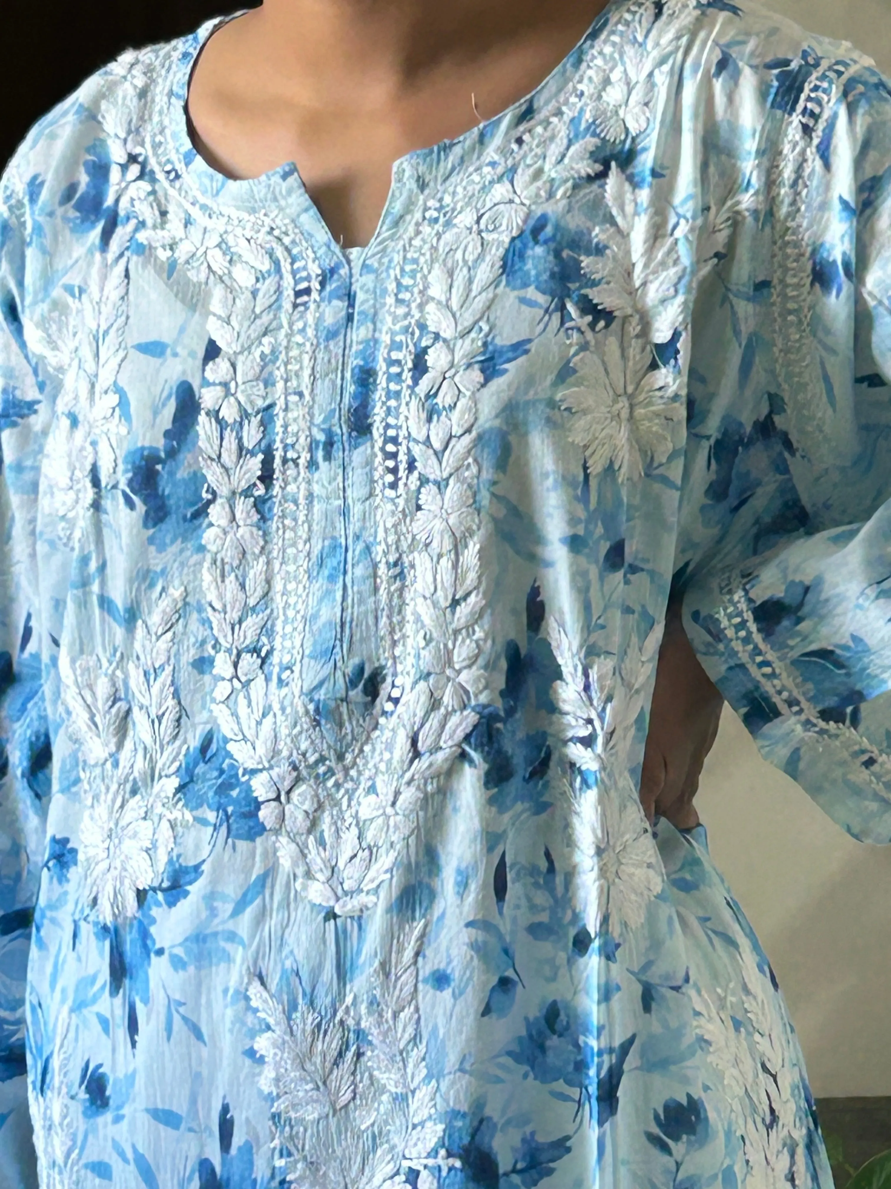 Dream Blue Mul mul cotton chikankari kurti