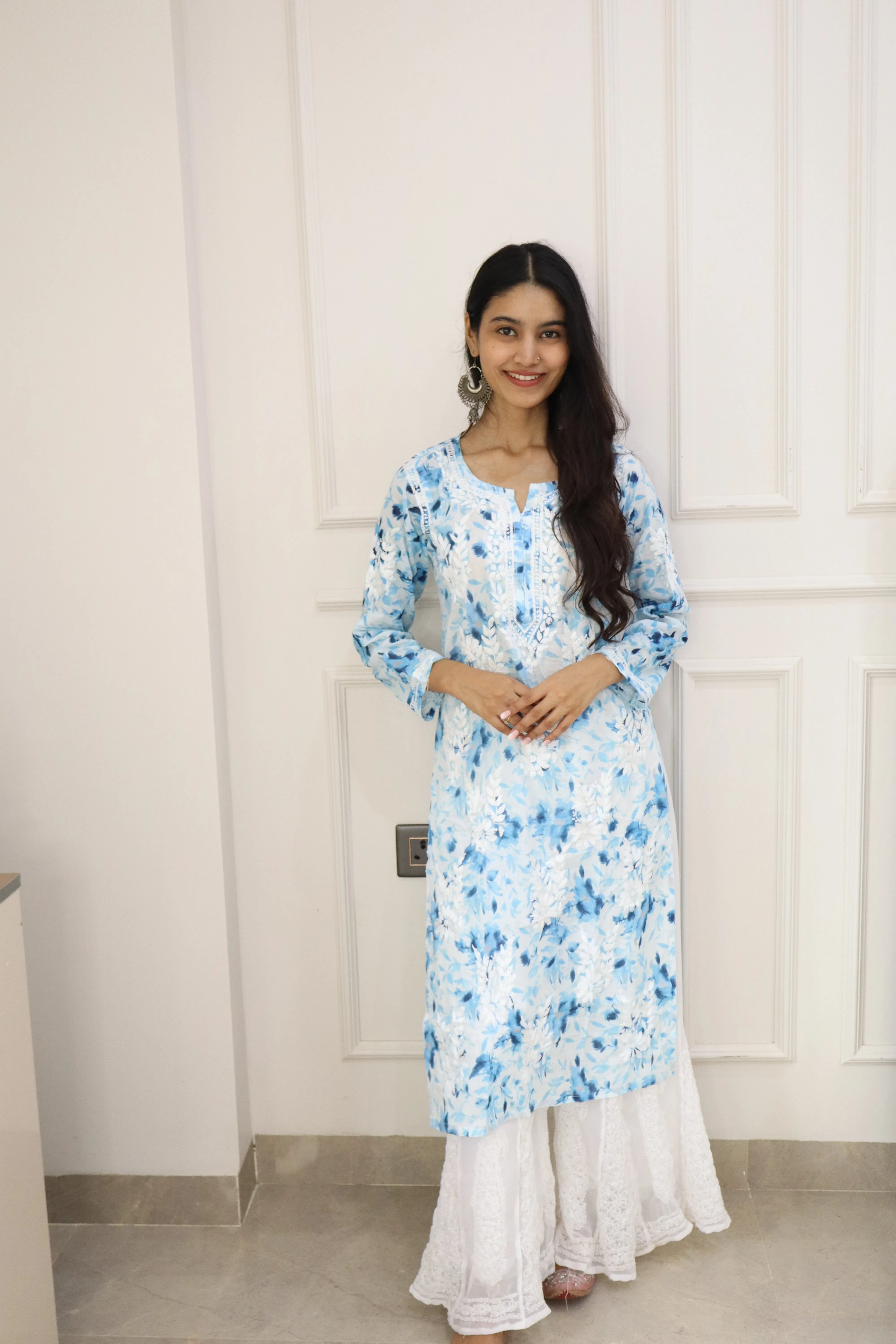 Dream Blue Mul mul cotton chikankari kurti