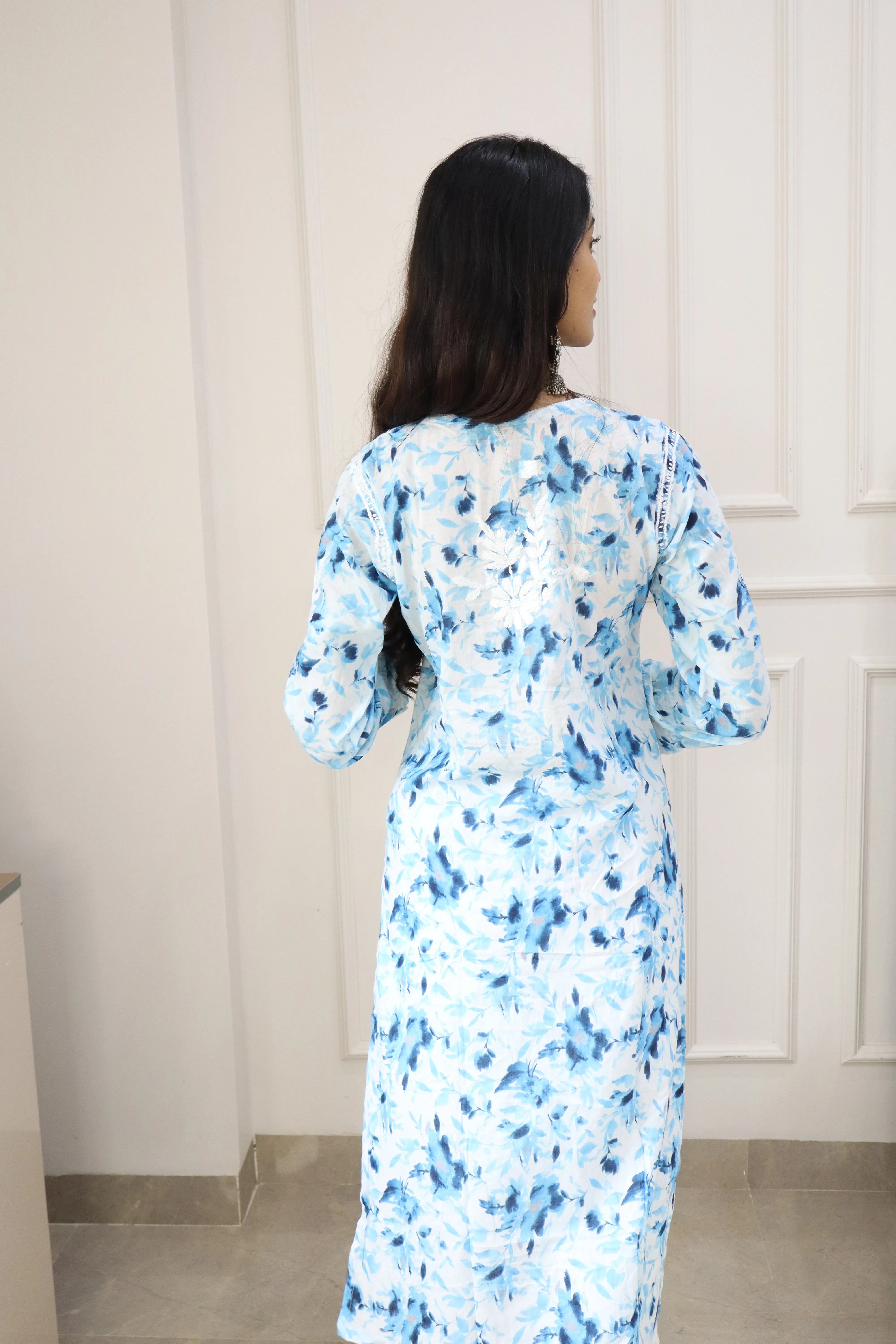 Dream Blue Mul mul cotton chikankari kurti