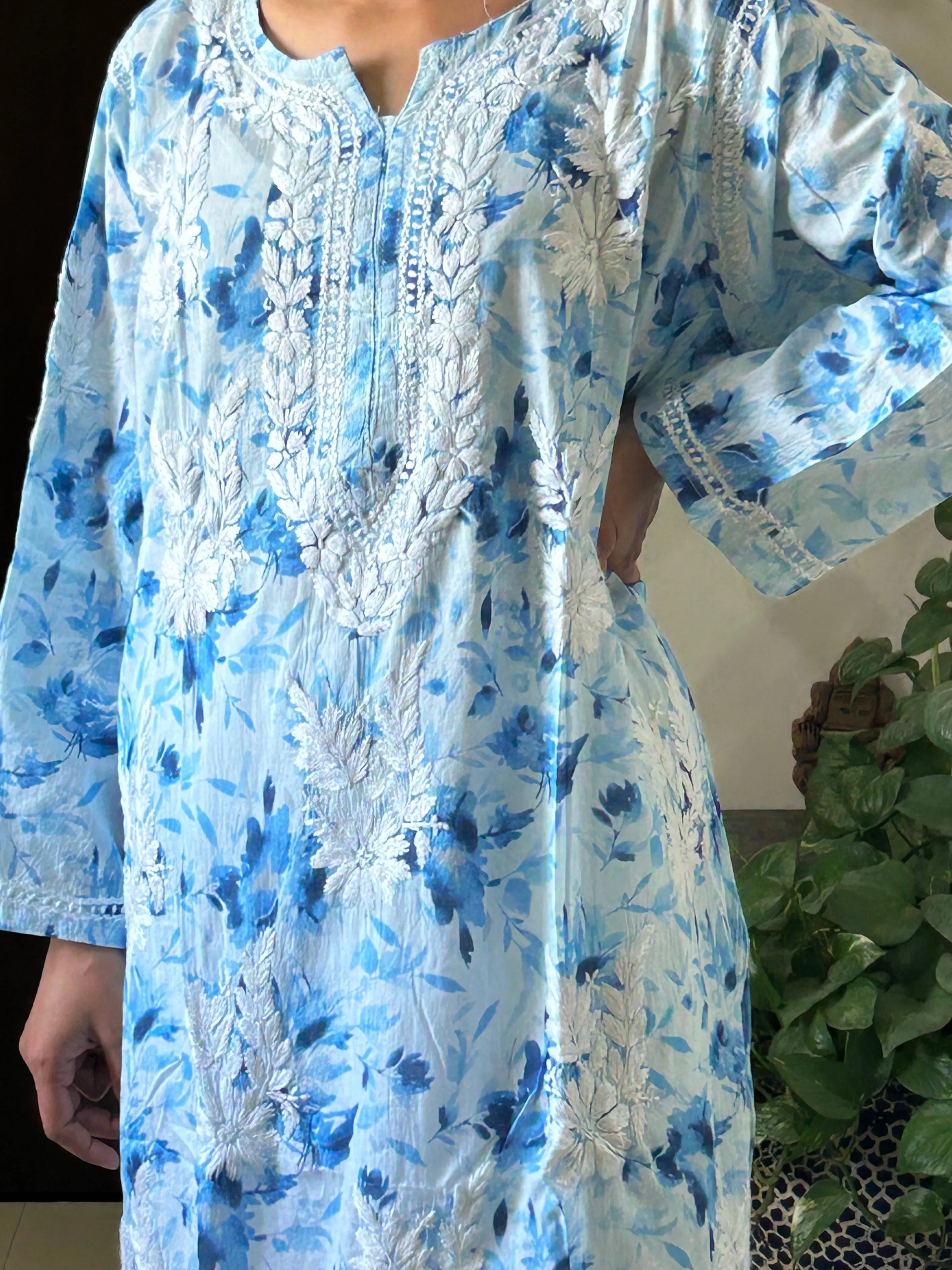Dream Blue Mul mul cotton chikankari kurti