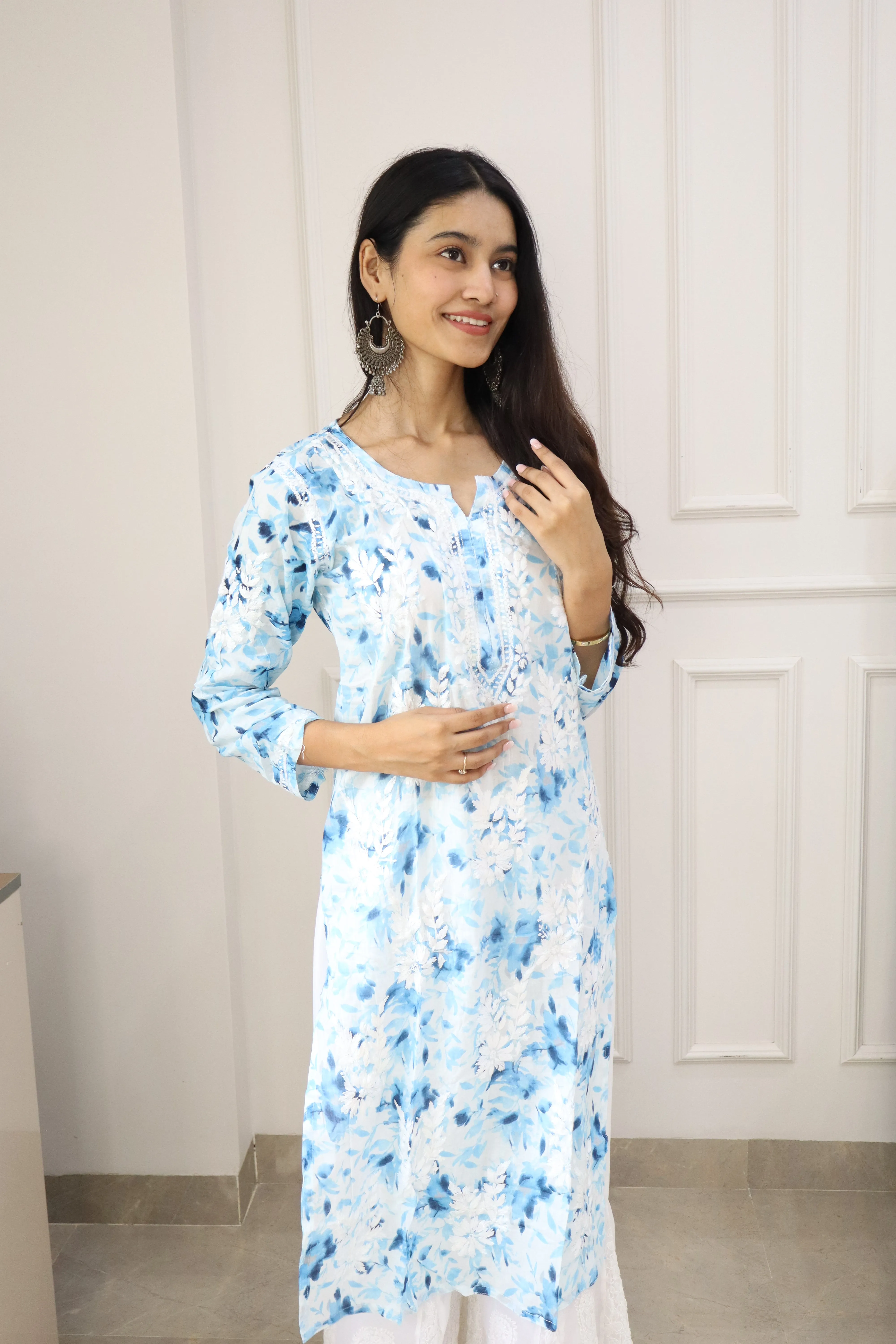 Dream Blue Mul mul cotton chikankari kurti