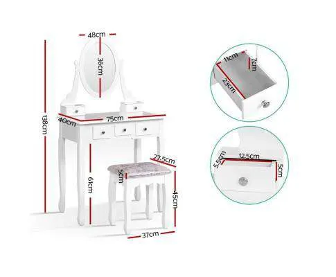 Dressing Table Stool Set Mirror Drawers Makeup Cabinet Storage Desk White