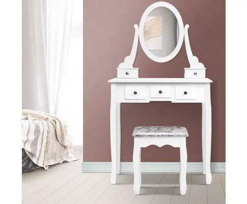 Dressing Table Stool Set Mirror Drawers Makeup Cabinet Storage Desk White