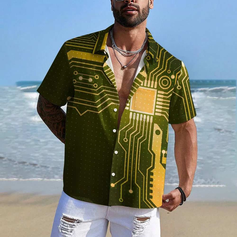Electronic Casual Chest Pocket Short Sleeved Shirt 2310000035