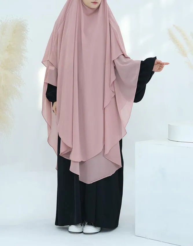 Elegant Pink Two-Layer Chiffon Extra Long Khimar Hijab for Special Occasions