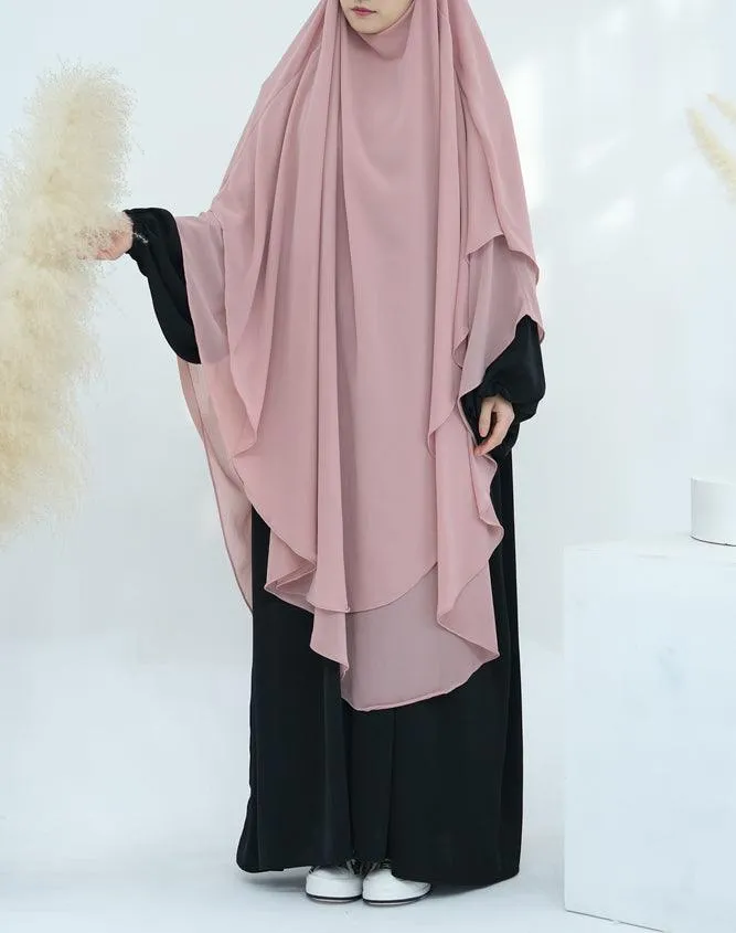 Elegant Pink Two-Layer Chiffon Extra Long Khimar Hijab for Special Occasions