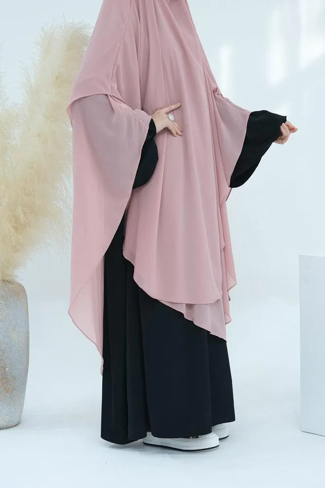Elegant Pink Two-Layer Chiffon Extra Long Khimar Hijab for Special Occasions