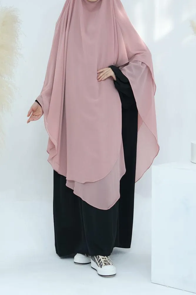 Elegant Pink Two-Layer Chiffon Extra Long Khimar Hijab for Special Occasions