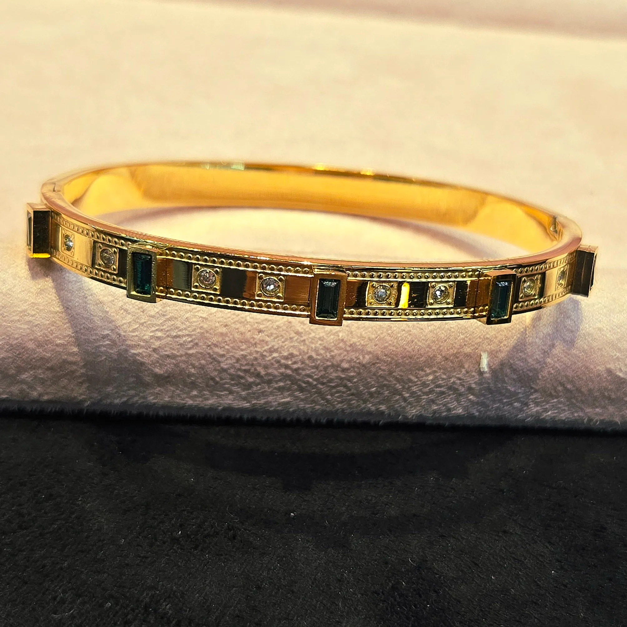 Elegant Turquoise Zirconia Steel Electroplated 18K Gold Plated Bracelet Bangle
