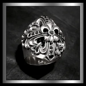 Fleur De Lis Ring Medieval Chunky Design In 925 Sterling Silver Onyx