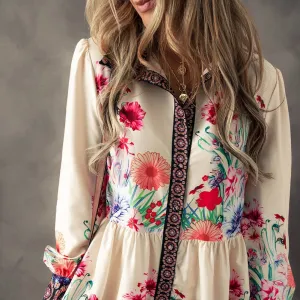 Floral Print Buttoned High Waist Shirt Mini Dress