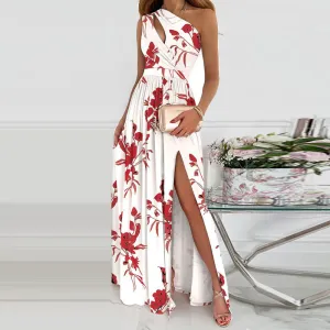 Floral Print Oblique Shoulder Sleeveless High Slit Maxi Dress