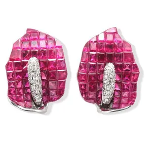 Flower Design Earrings with Rubies and Diamonds in 18k White Gold Setting
